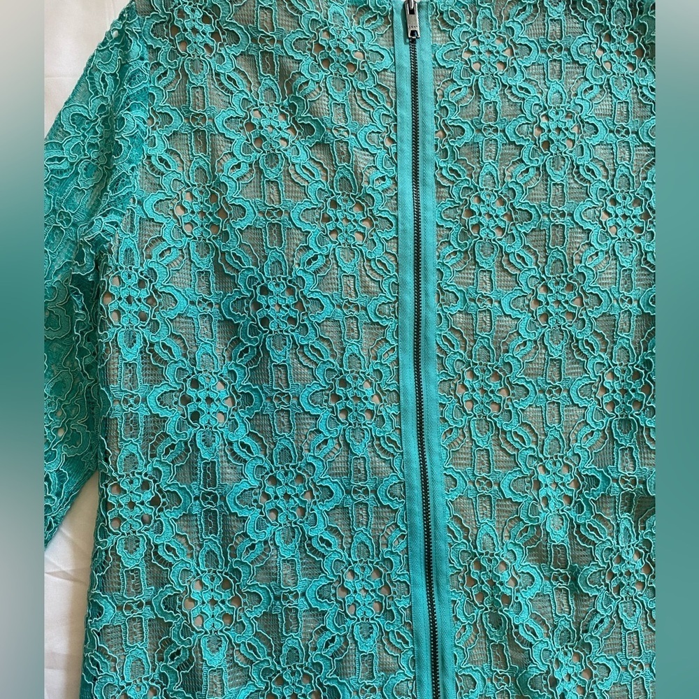 DKNY Lace Cocktail Dress | Aqua Blue Size 4 | Wedding Guest | 3/4 Sleeves - Picture 7 of 11